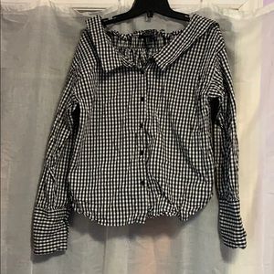 Gingham Off-The-Shoulder Button-Down Top